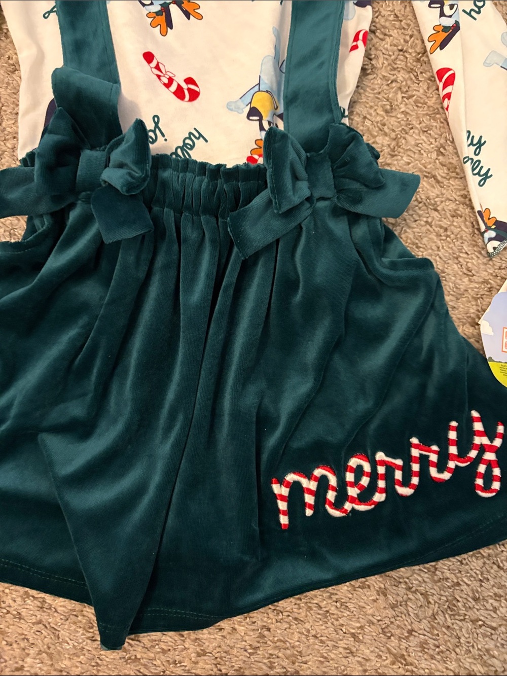 Bluey Holiday 'Merry' Velvet Suspender Skirt with Bluey Print Top - Teal - Picture 2 of 6